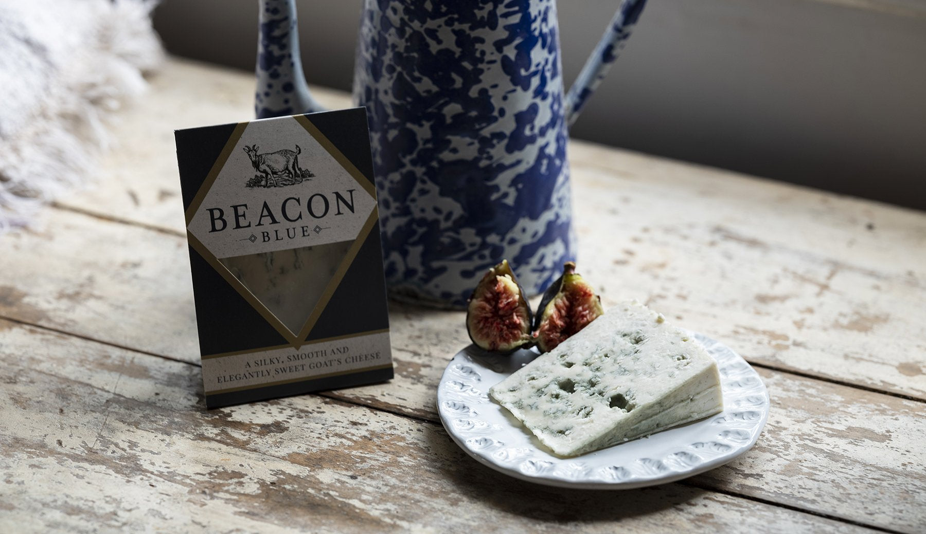 Beacon Blue Cheese served with figs. Beacon Blue is a Lancashire blue goats cheese from Butler's.