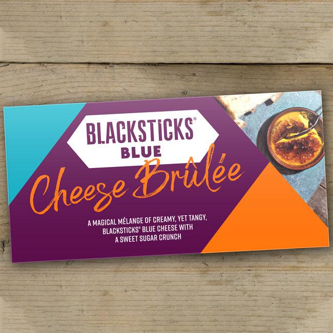 Blacksticks Blue Cheese Brûlée in it's packaging., a magical melange of creamy, yet tangy Blue cheese with a sweet sugar crunch. Ready to cook under the grill.