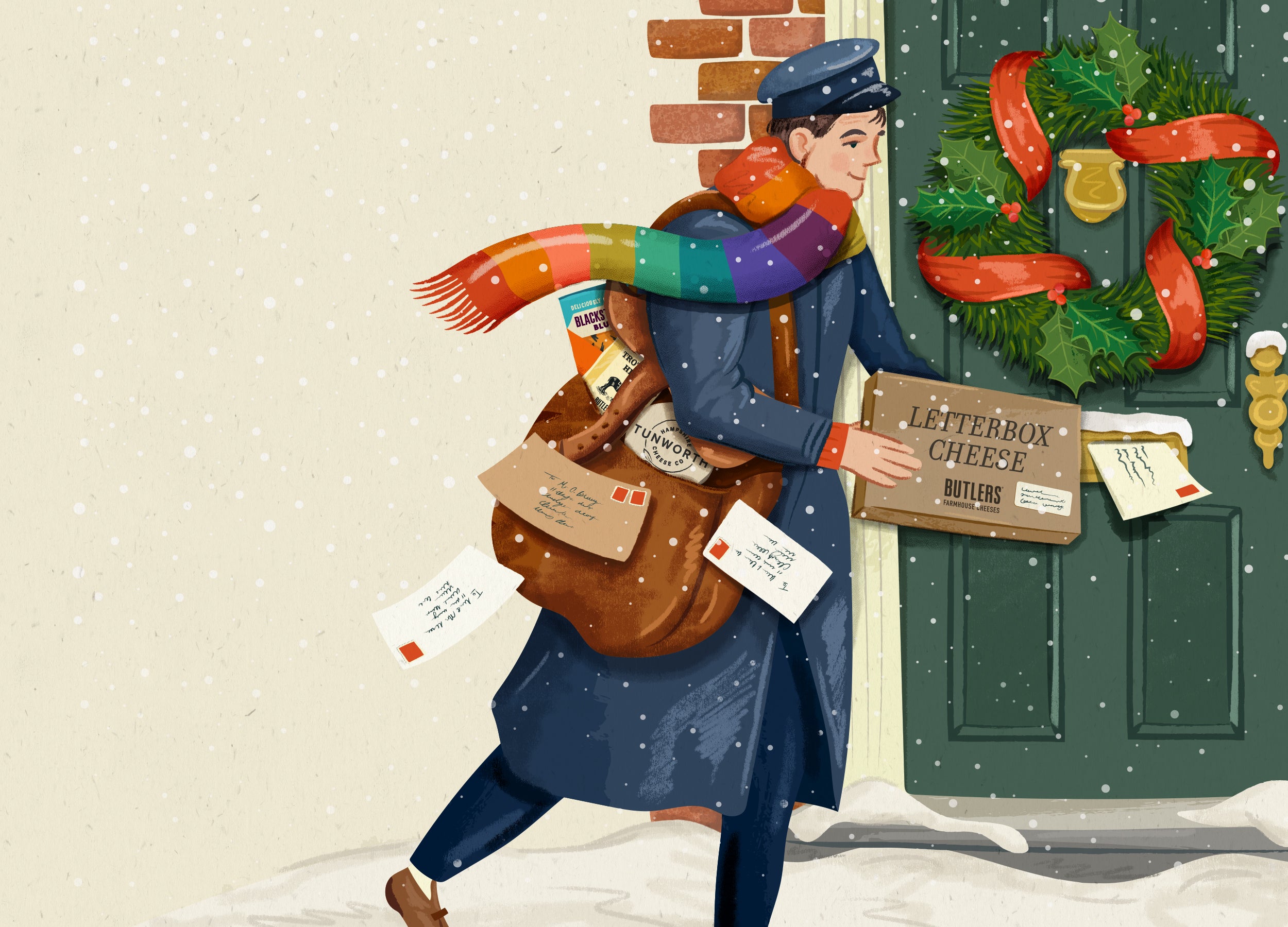 Illustration of a postman delivering letters and a box of 'Letterbox Cheese' in front of a door with a Christmas wreath.