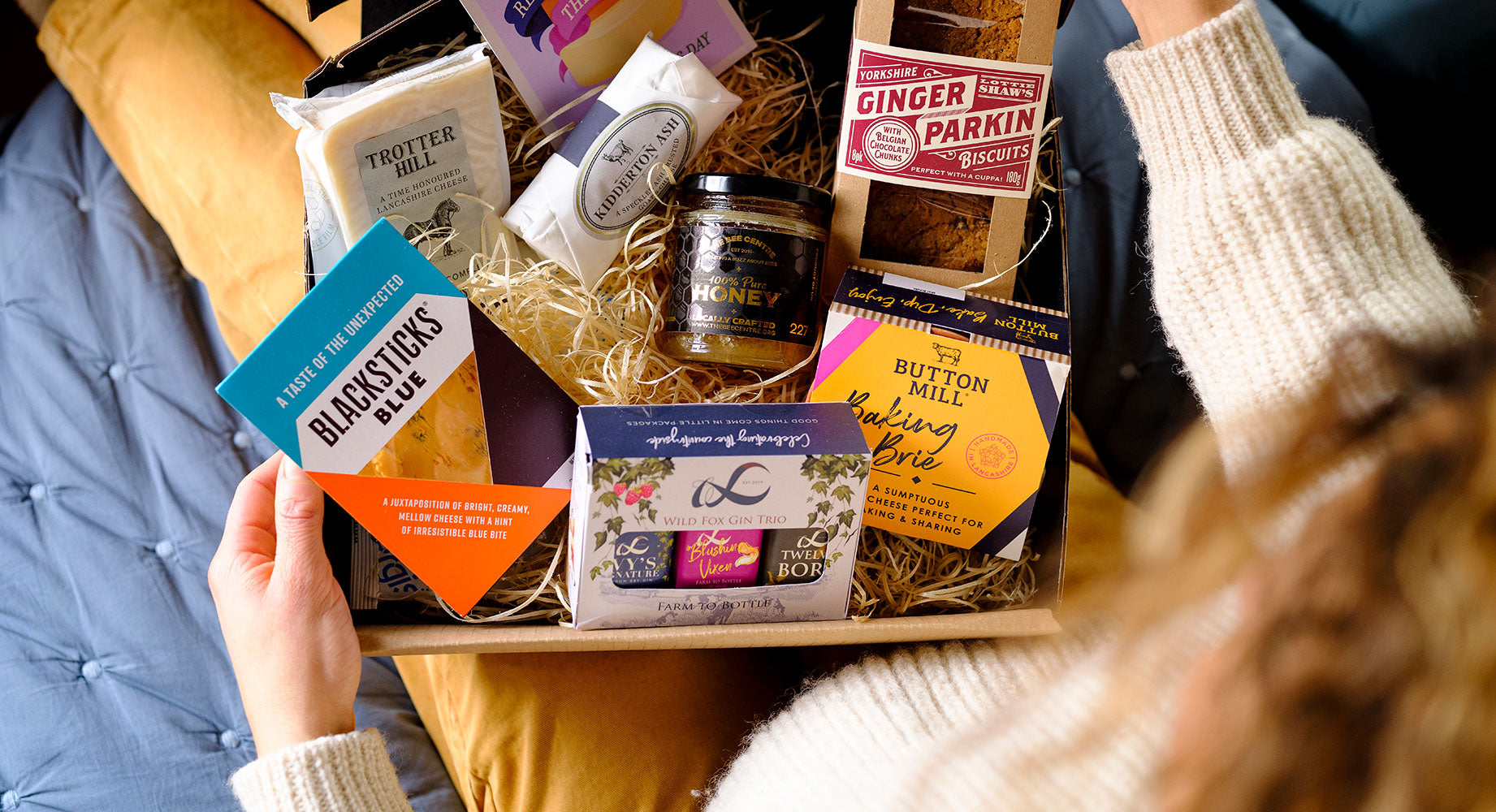 Cheese corporate gift ideas from Butler's. A basket of our handmade cheeses, with chutney and crackers.