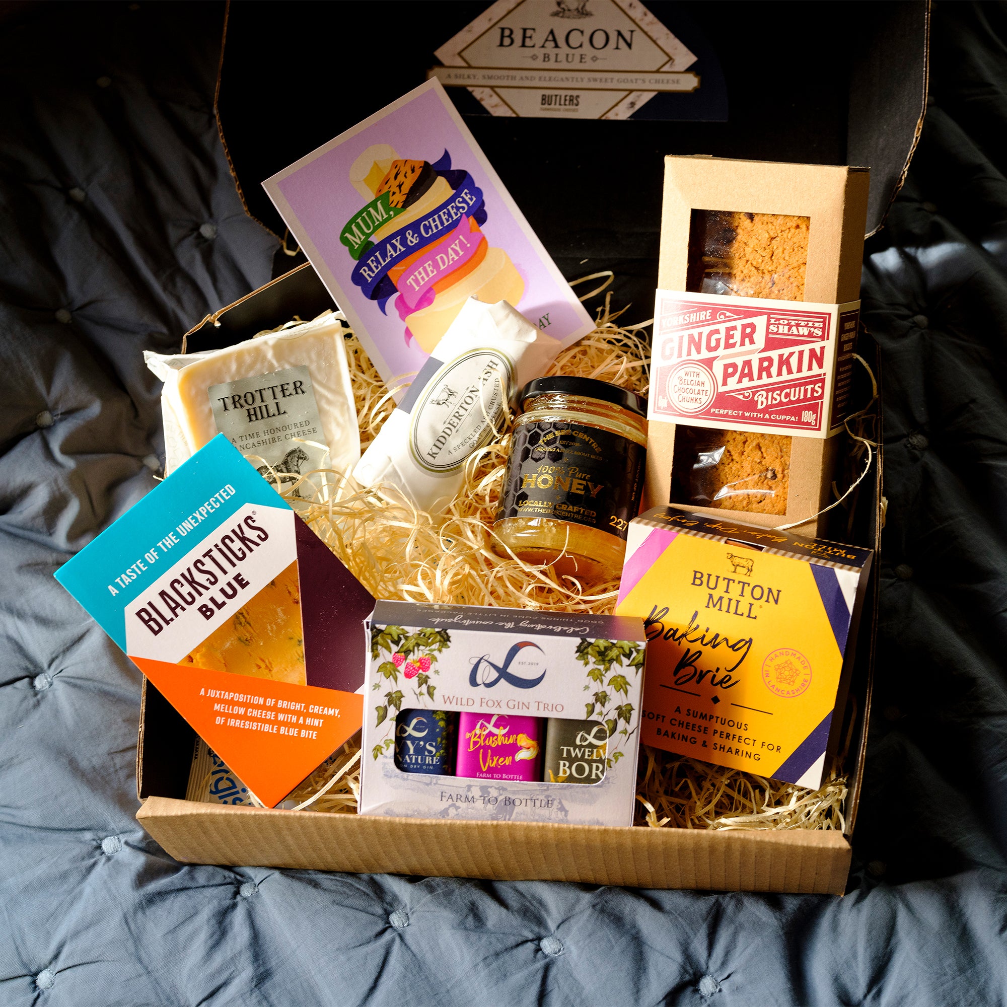 Mother's Day Cheese Hamper | Four cheese selection to make a cheeseboard, biscuits, honey and Wildfox Gin Trio in its box.