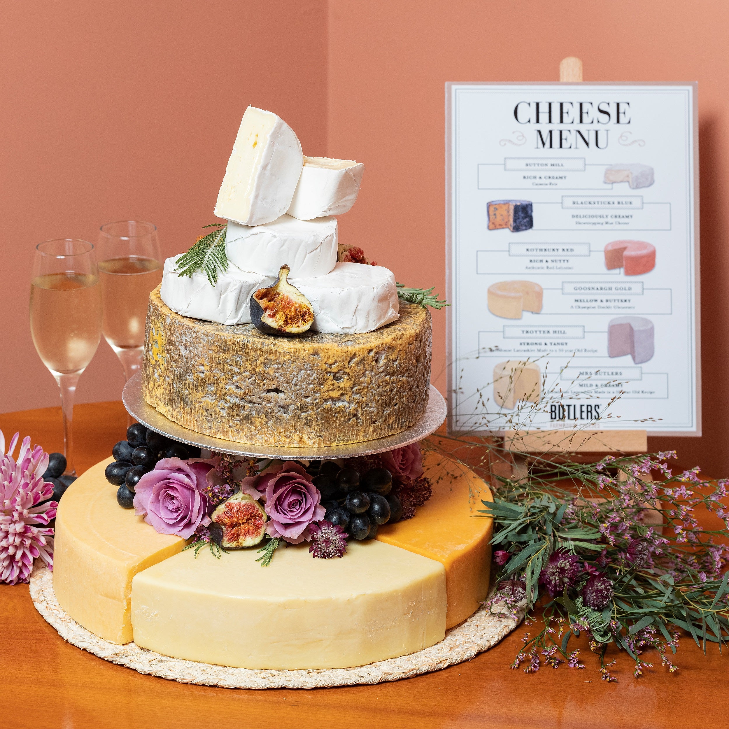 Large cheese wedding cake or cheese celebration cake. A tower of artisan Lancashire cheese from our dairy, with a cheese menu for your guests.